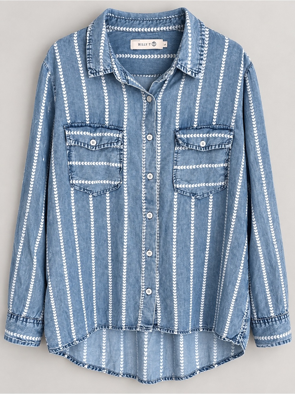 Billy T Chambray Button Down Shirt Size L Blue White Boho